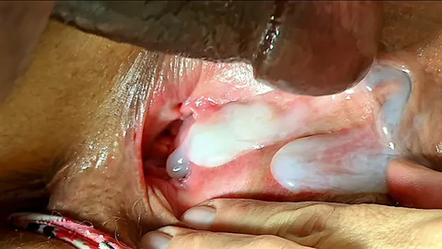 Intense close-up pussy✌ grinding &mdash;  panty fucking and black cock🌭 cumshot on white bbw with wide open legs