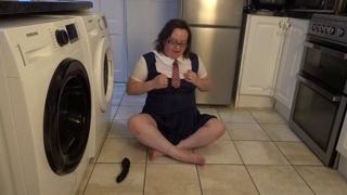 Blonde wife seduces in college uniform, deepthroats massive black rubber dildo