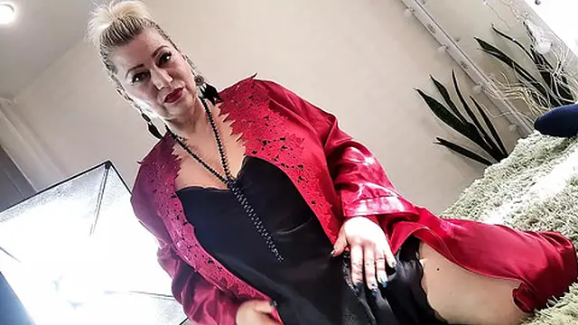 Red satin negligee wife &mdash;  ponytail &mdash;  sucking cock🍆 &mdash;  mature slut