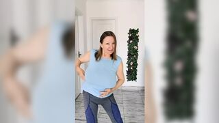 Old lady with big tits bounces around, her breasts bounce along