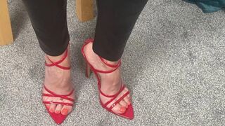 Mrs Mature Feet wearing extremely tight leather trousers and killer heels