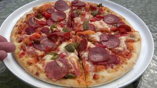 Topless Mature Eats Pizza Outside and Serves Her Tits on the Plate
