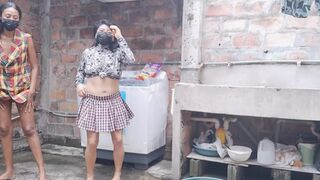 Gossipy neighbors talk dirty in the neighborhood yard  They have small buttocks 