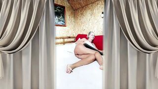 Hot Housewife Lukerya with a Huge Dildo on a Large Bed.