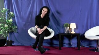 Tattooed big ass mature in sexy red lingerie takes cock in her shaved cunt on casting